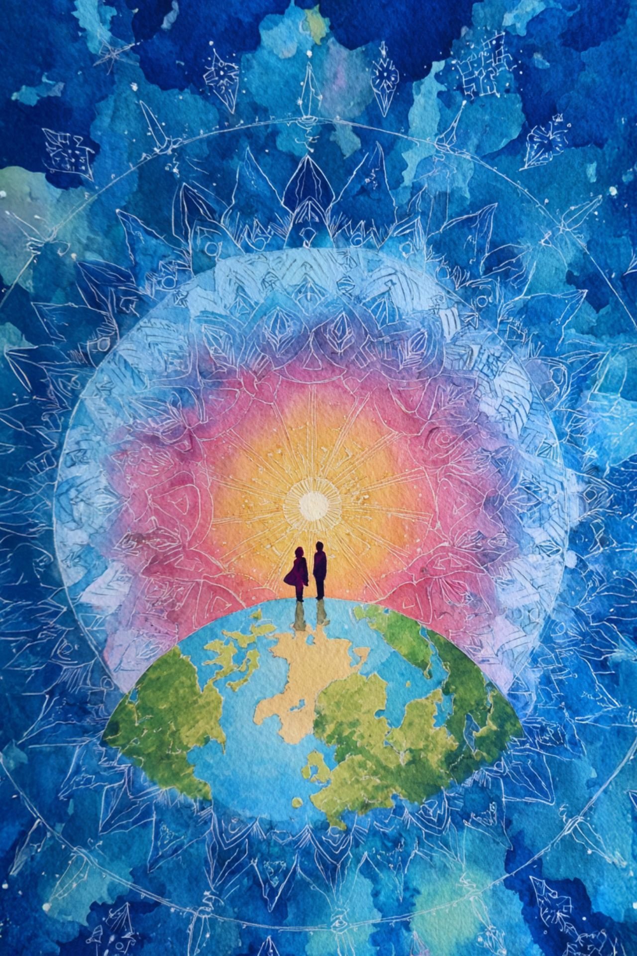 Illustration aquarelle d'un mandala cosmique avec deux silhouettes sur la Terre, symbolisant les formations et parcours de transformation Univers SENS.