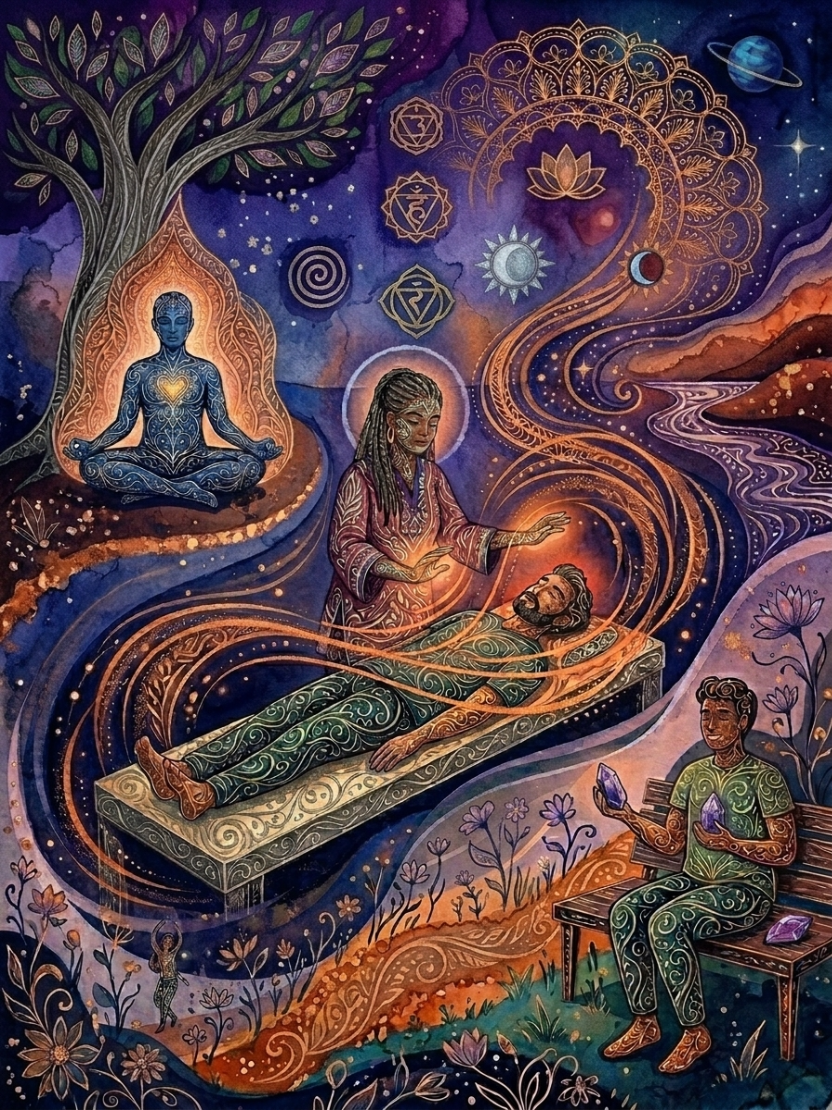 Illustration d'une silhouette en posture de méditation, symbolisant l'harmonisation énergétique.